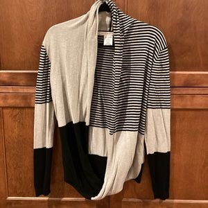 Striped and solid, back and tan, sweater with “infinity” style waistband, L